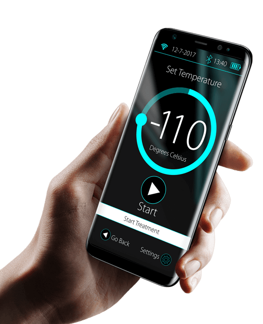 Hand hält Smartphone mit LifeCube-App-Oberfläche, die eine Temperatur von -110 Grad Celsius anzeigt.