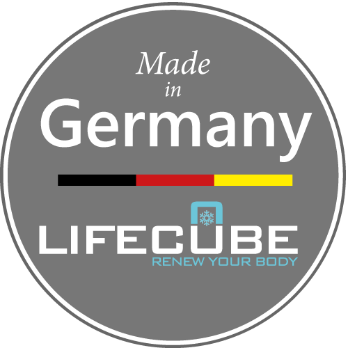 Graues kreisförmiges Logo mit dem Text Made in Germany, einer schwarz-rot-goldenen Linie und dem Schriftzug LIFECUBE.