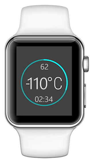 Weiße Smartwatch mit einem Display, das eine Temperatur von -110°C, die Zahl 62 und die Uhrzeit 02:34 anzeigt.