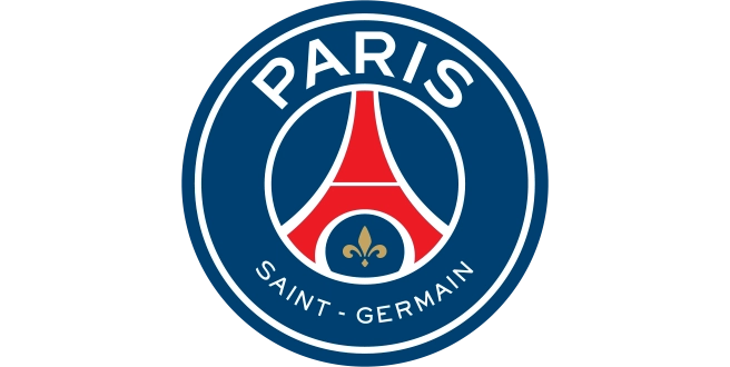 Vereinswappen des Paris Saint-Germain mit rotem Eiffelturm, goldener Lilie und weißem Schriftzug auf blauem Grund.