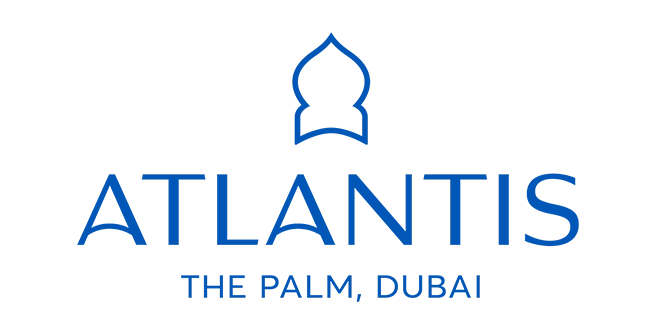 Blaues Logo von ATLANTIS THE PALM, DUBAI mit einem stilisierten Kuppelsymbol auf schwarzem Hintergrund.