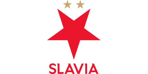 Roter Stern mit zwei goldenen Sternen darüber und dem Schriftzug SLAVIA in Rot auf schwarzem Hintergrund.