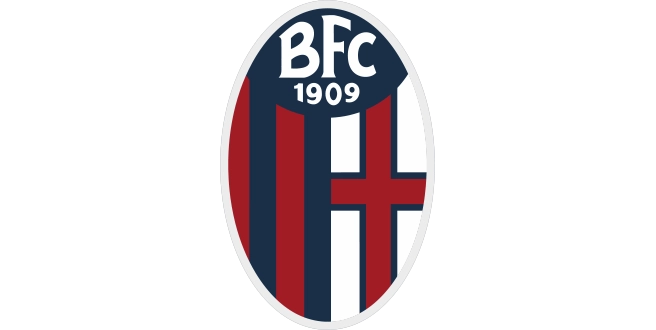 Das Logo des Fußballclubs Bologna FC 1909 als ovales Wappen mit rot-blauen Streifen und weißem Kreuz auf schwarzem Grund.