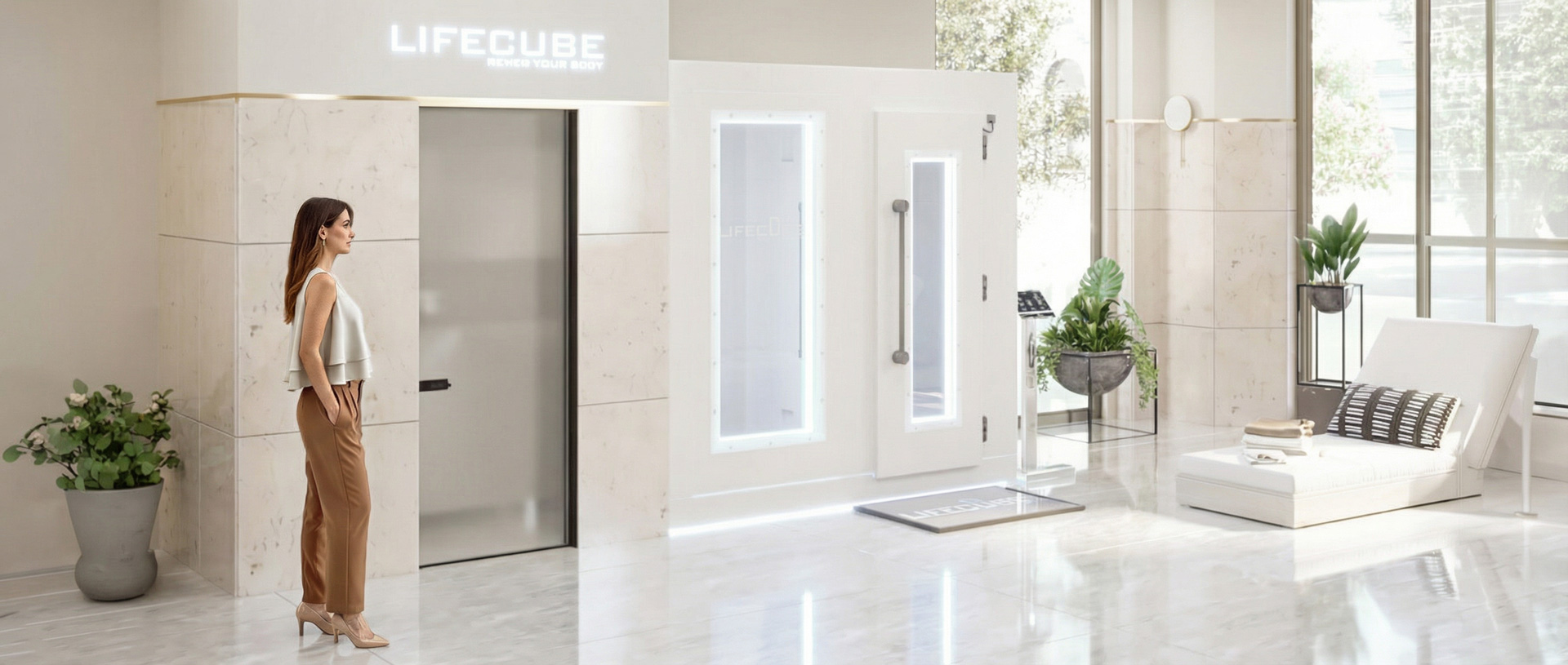 Eine Frau in heller Bluse und brauner Hose steht vor einer weißen LifeCube Kältekammer in einem hellen Wellnessbereich.