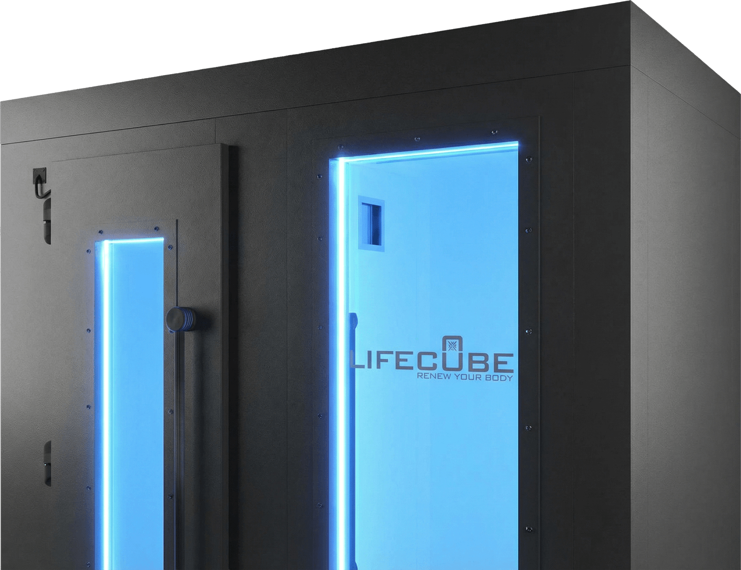 Schwarze LifeCube Kältekammer mit leuchtend blauen Glasfenstern und markantem Schriftzug auf der Front.