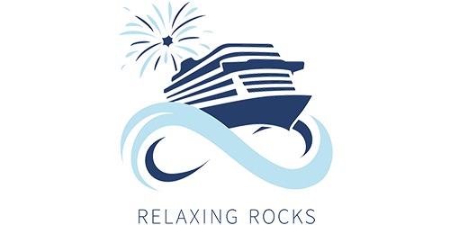 Ein blaues Kreuzfahrtschiff über einer hellblauen Unendlichkeitsschleife mit einem Feuerwerk und dem Text RELAXING ROCKS.