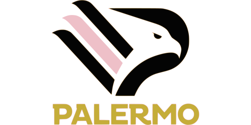 Stilisiertes Adlerlogo in Schwarz und Rosa über dem goldenen Schriftzug PALERMO auf schwarzem Hintergrund.