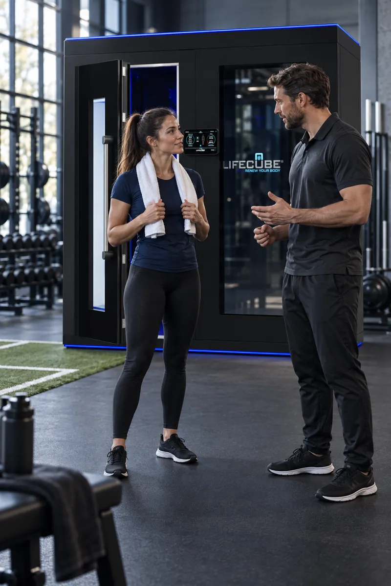 KI-Konzeptvisualisierung: Sportlerin und Trainer im Gespräch vor einer LifeCube-Kältekammer im Trainingsstudio.